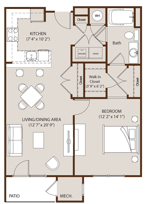 Floor plan for 1 bed, 1 bath, 792 sqft